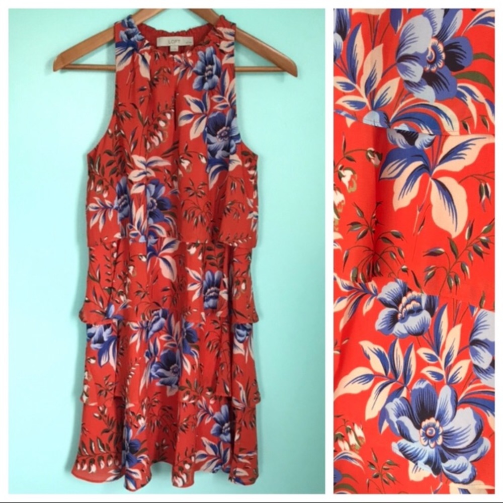 NWOT LOFT Orange Layered Dress w/ Blue Flowers MP